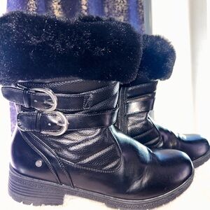 Jones New York Black Leather Fur-Cuff Ankle Boots with Buckles